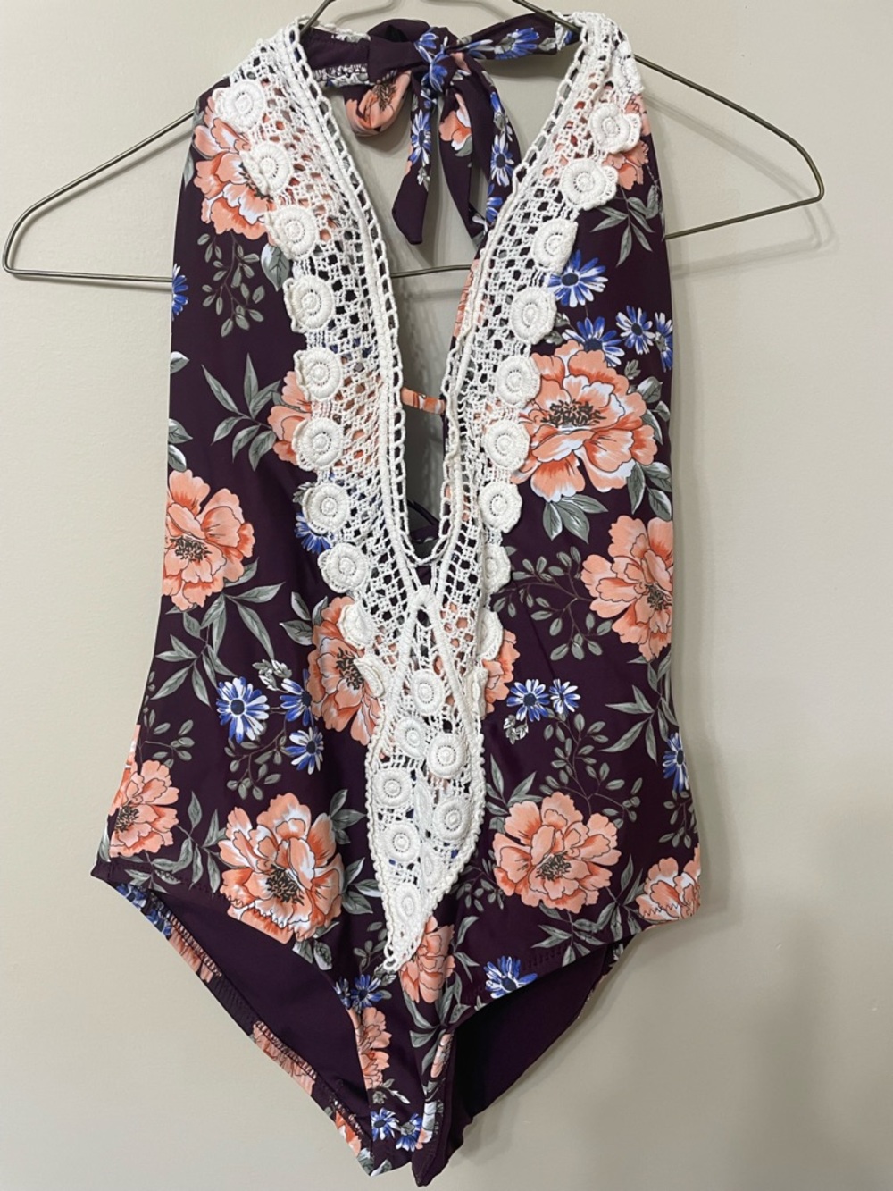 Floral Crochet-Trim One-Piece Swimsuit - Plum with Peach Flowers